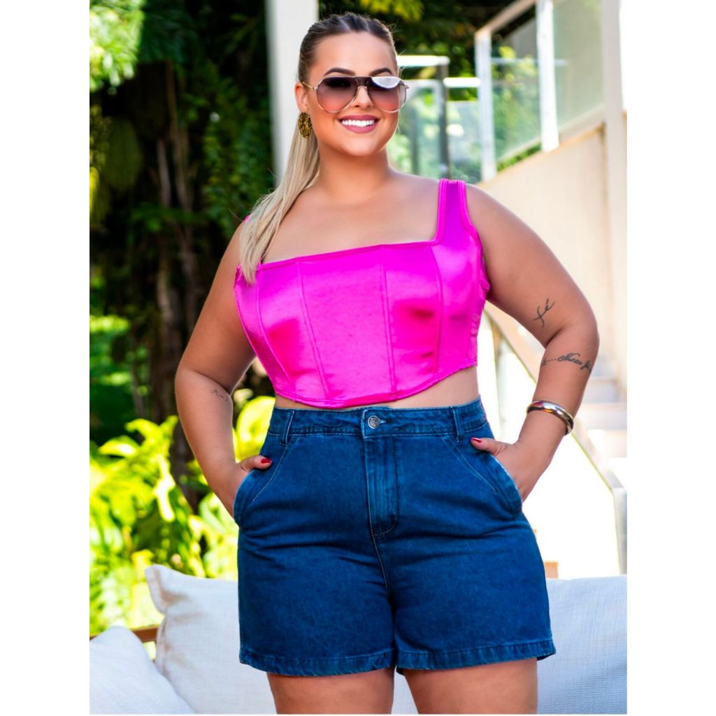 Short Jeans 100% Feminino Cos Alto Plus Size Jeans Premium Short Plus Size Feminino em Oferta na Shopee
