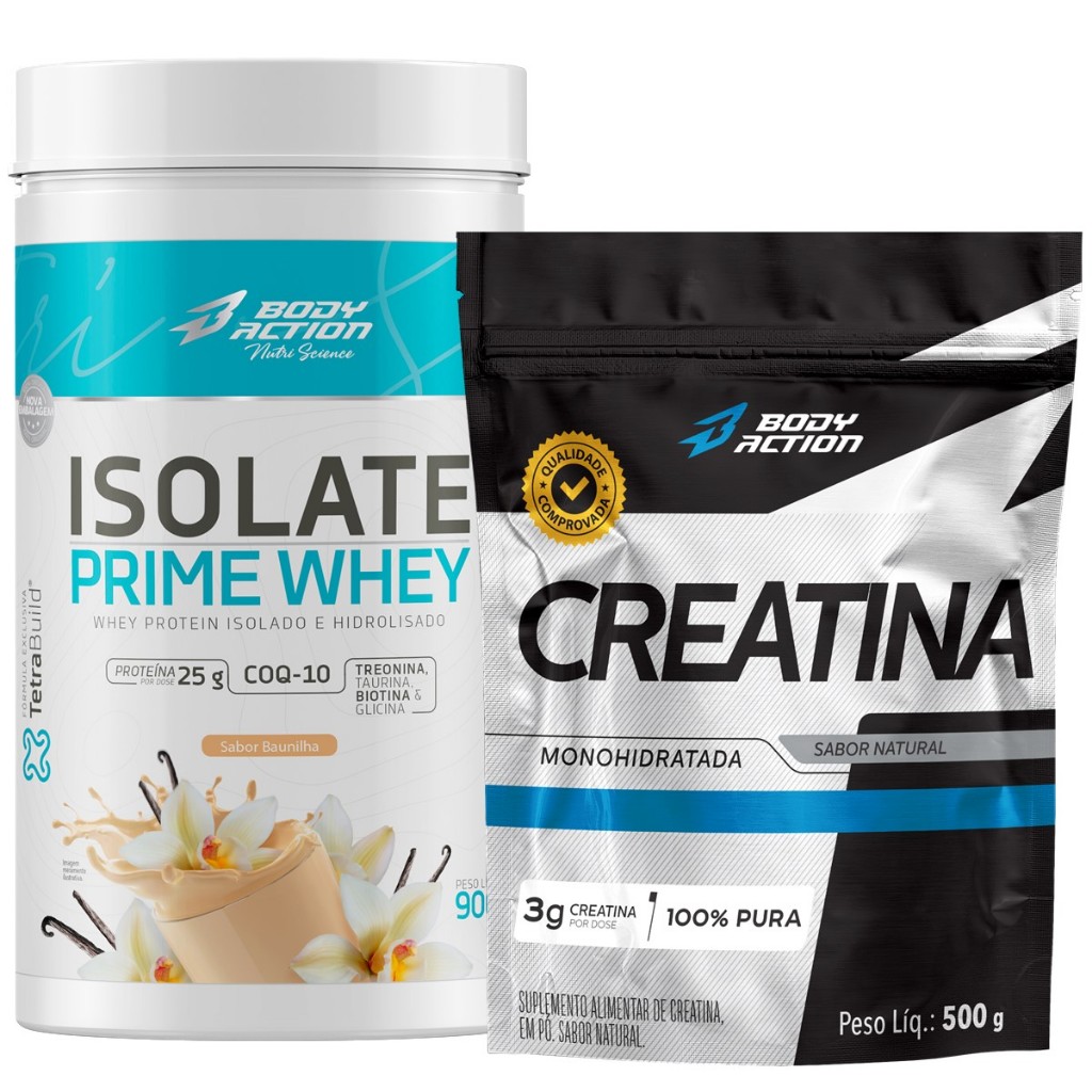 Whey Protein Isolado Prime 900g + Creatina Monohidratada 100% Pura 500g Bodyaction em Oferta na Shopee