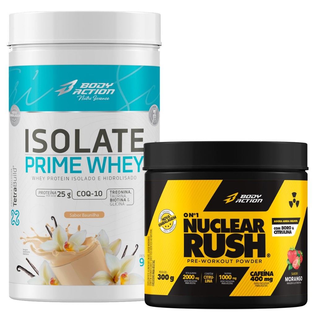 Whey Protein Isolado Prime 900g + Pré Treino Nuclear Rush 300g Bodyaction