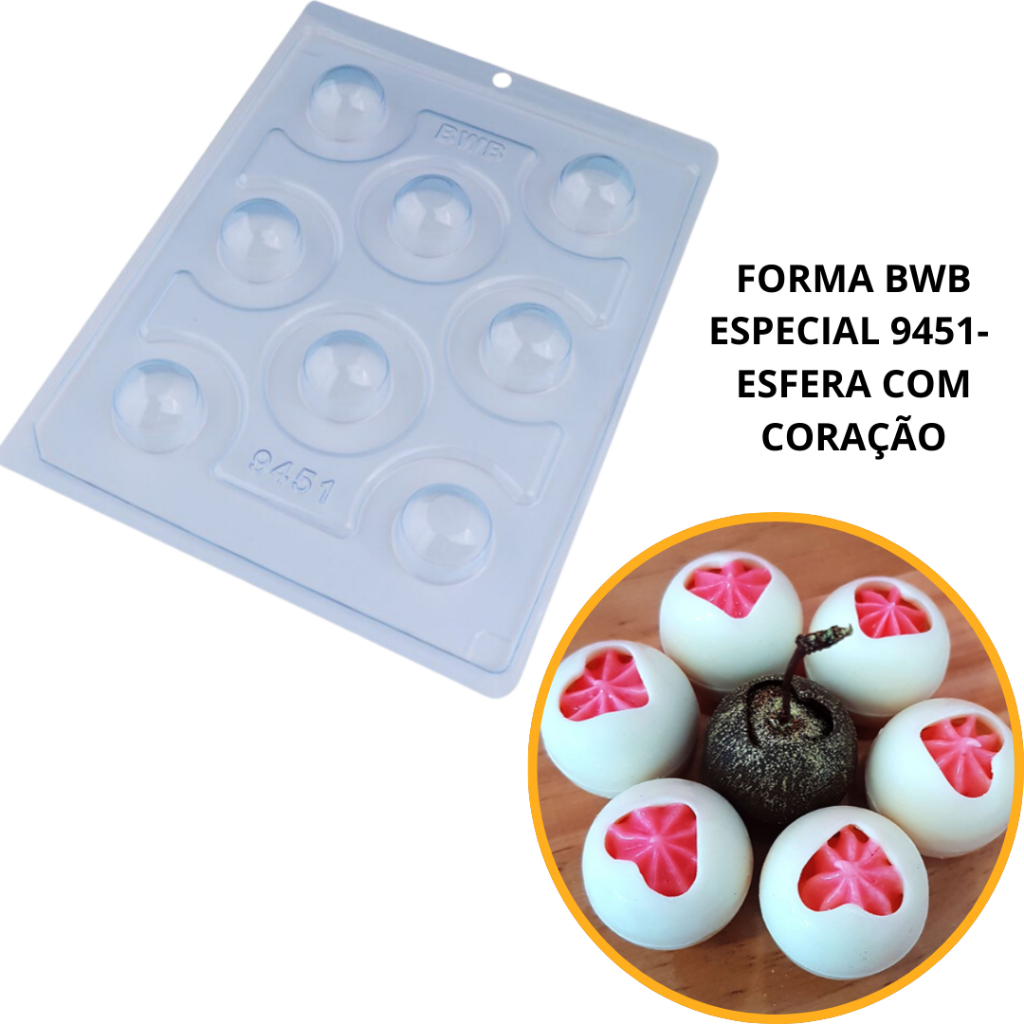 1~4 Forma bwb com silicone (3 partes) p chocolate cód: 9451- Esfera com Coração 30mm Peso Médio:15g (CHOCO) em Oferta na Shopee