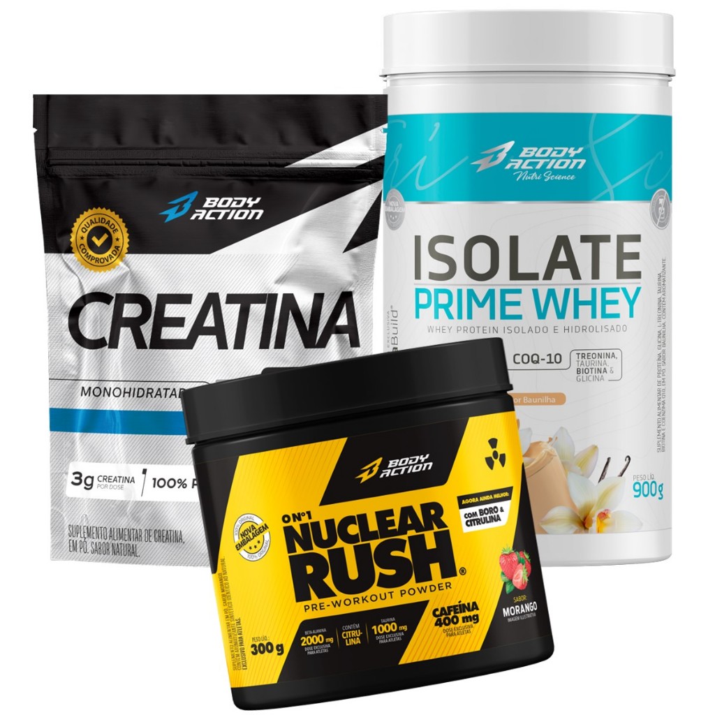 Kit Whey Protein Isolado Prime 900g + Creatina Pura 500g + Pré Treino Nuclear Rush 300g em Oferta na Shopee