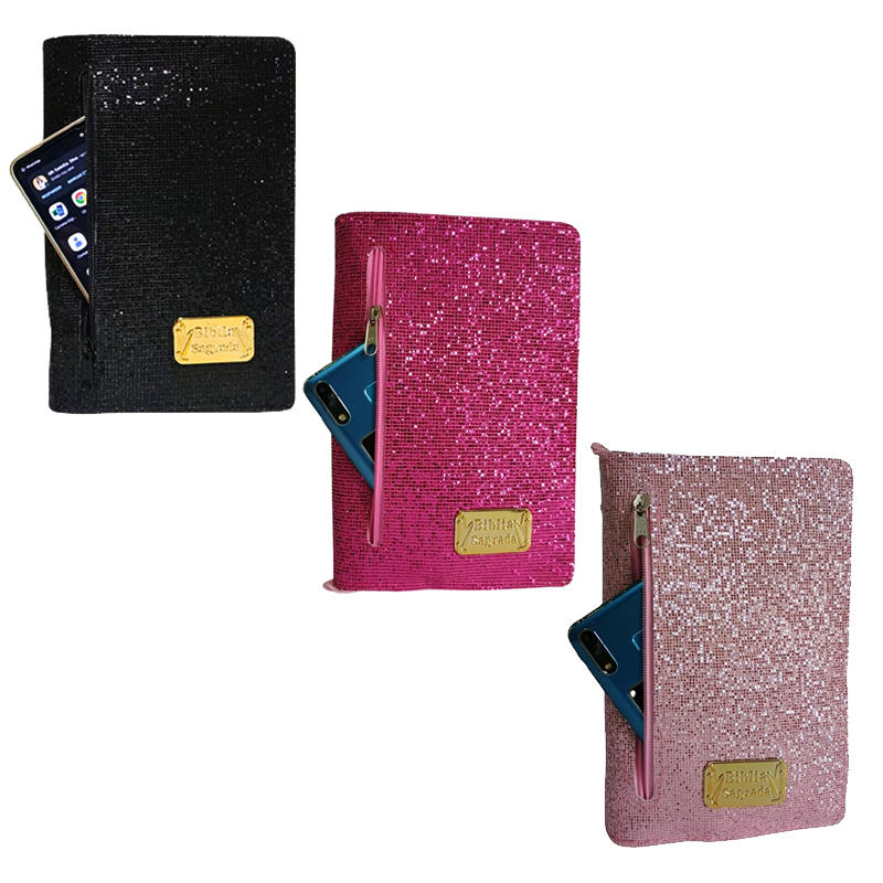 Capa para Bíblia de Estudo Grande Brilhosa com Glitter Zíper e Bolso Externo Porta Celular | Nº 13