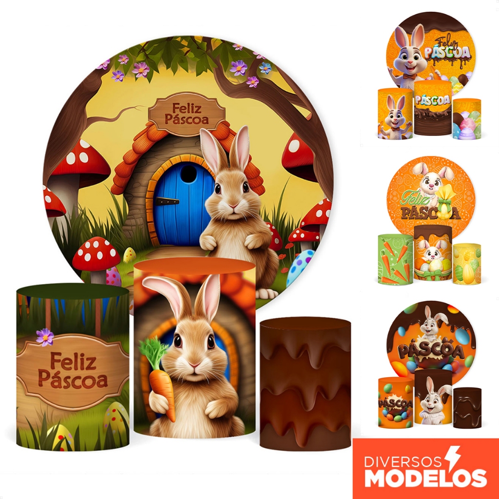 Kit Painel Redondo + Trio Capa Cilindro Decoração Páscoa Sublimado Em Tecido Veste Fácil Com Elástico