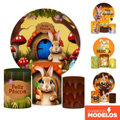 Kit Painel Redondo + Trio Capa Cilindro Decoração Páscoa Sublimado Em Tecido Veste Fácil Com Elástico