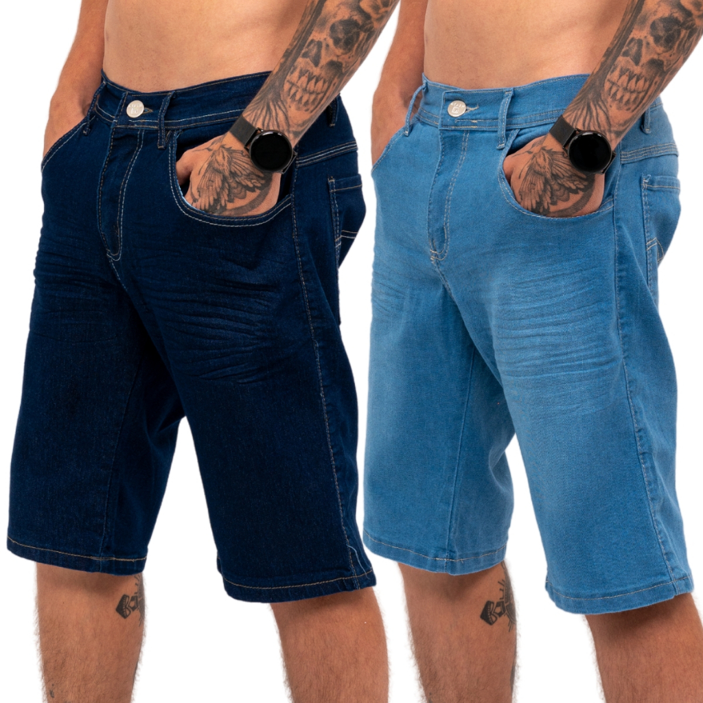 Kit 2 Bermudas Jeans Masculina Lycra Elastano