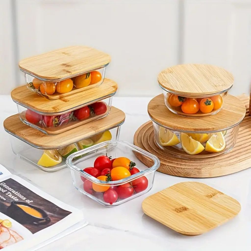 Conjunto Potes Vidro Hermético Redondo Marmita Potes De Vidro Hermético Pote Com Tampa Bambu em Oferta na Shopee
