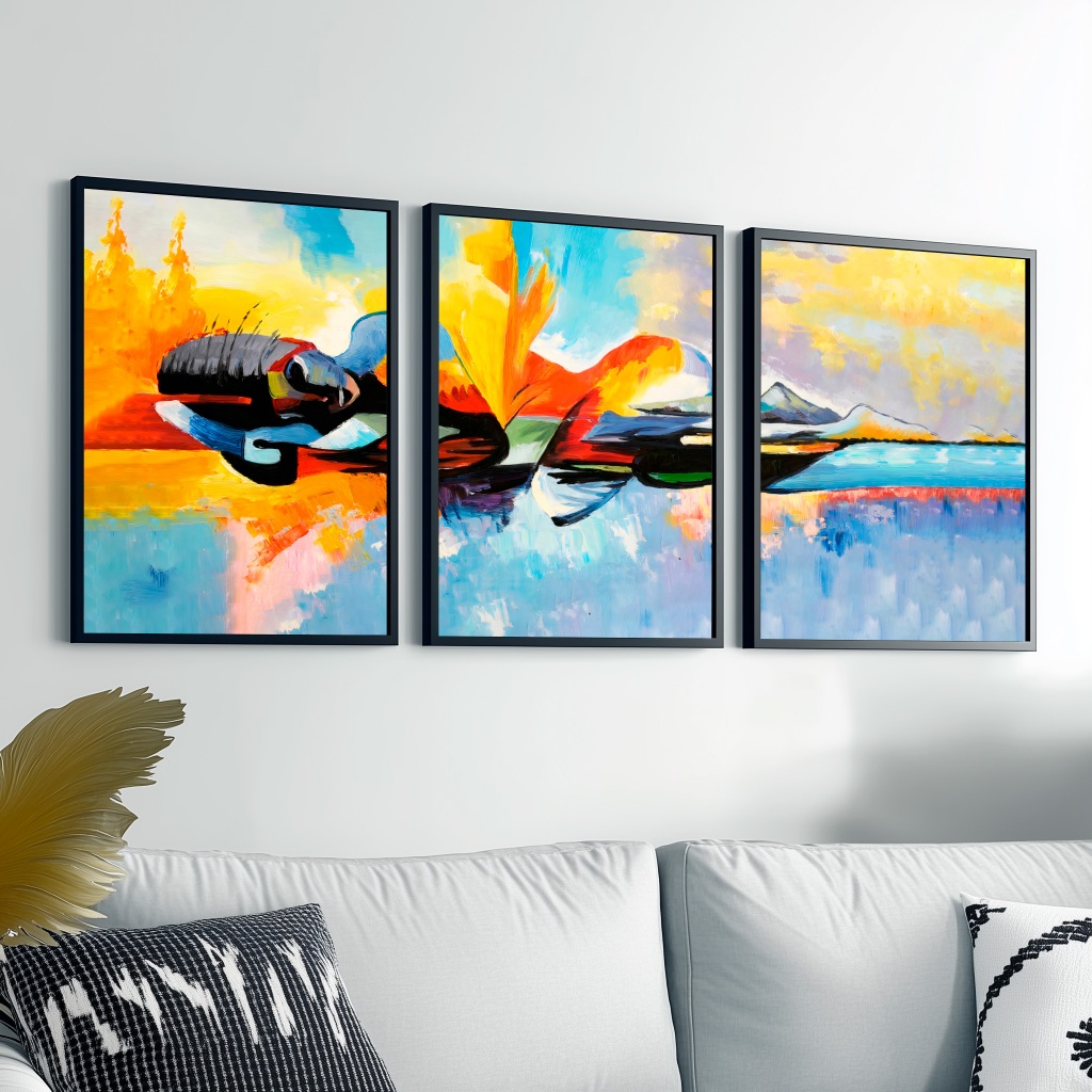 Trio Quadros Decorativos Grande Sala Moldura 50X70 cm Mulher Abstrata Tons Laranjas
