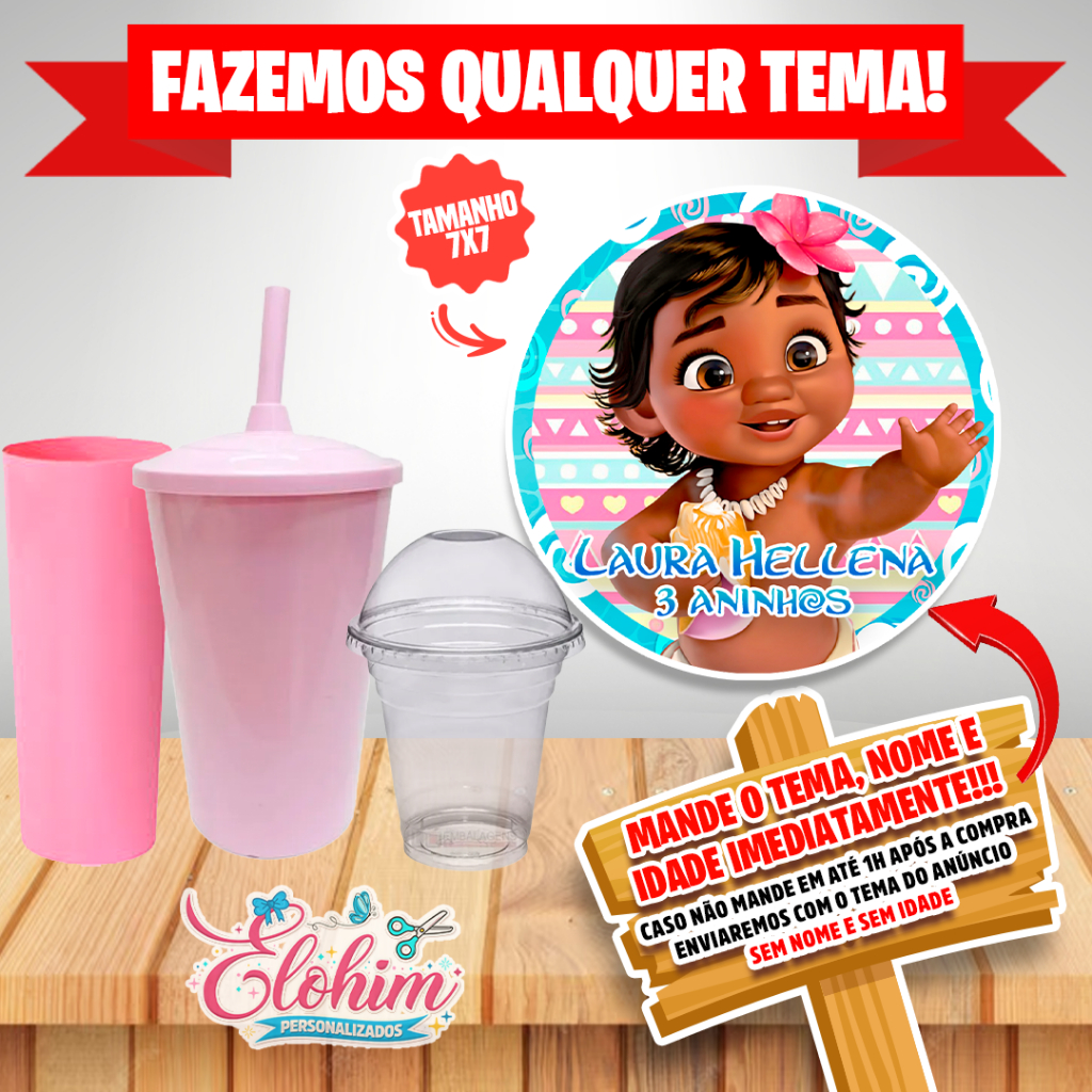 Rótulo Adesivo para personalizar Copo Long Twister  Adesivo 7x7- Moana Baby