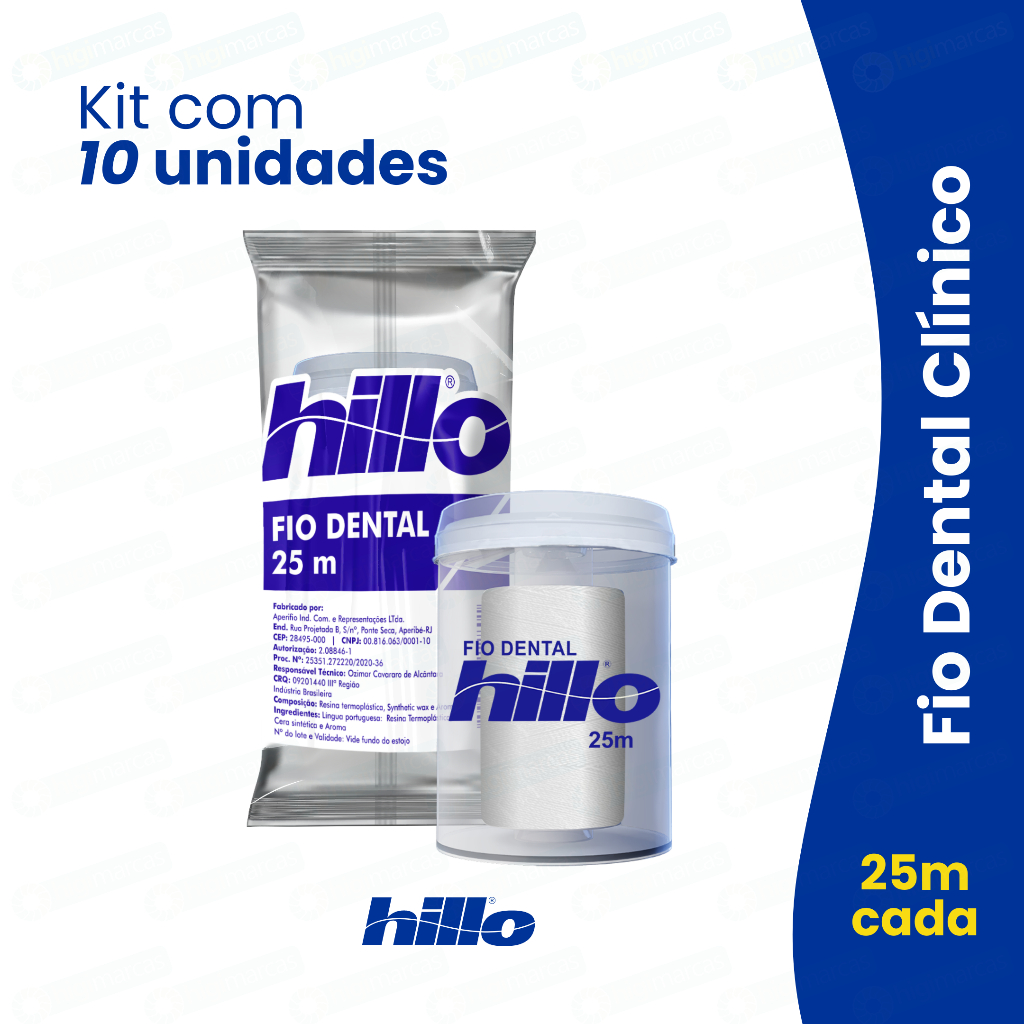 Kit 10 Fio Dental 25 Metros Hillo Econômico Portátil Prático Higiene Bucal Brinde