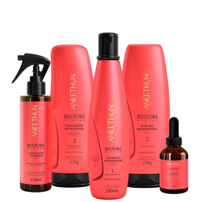 Kit Aneethun Restore System - Shampoo 300ml + Máscara 250g + Finalizador 250g + Booster 40ml + Acidificante 210ml
