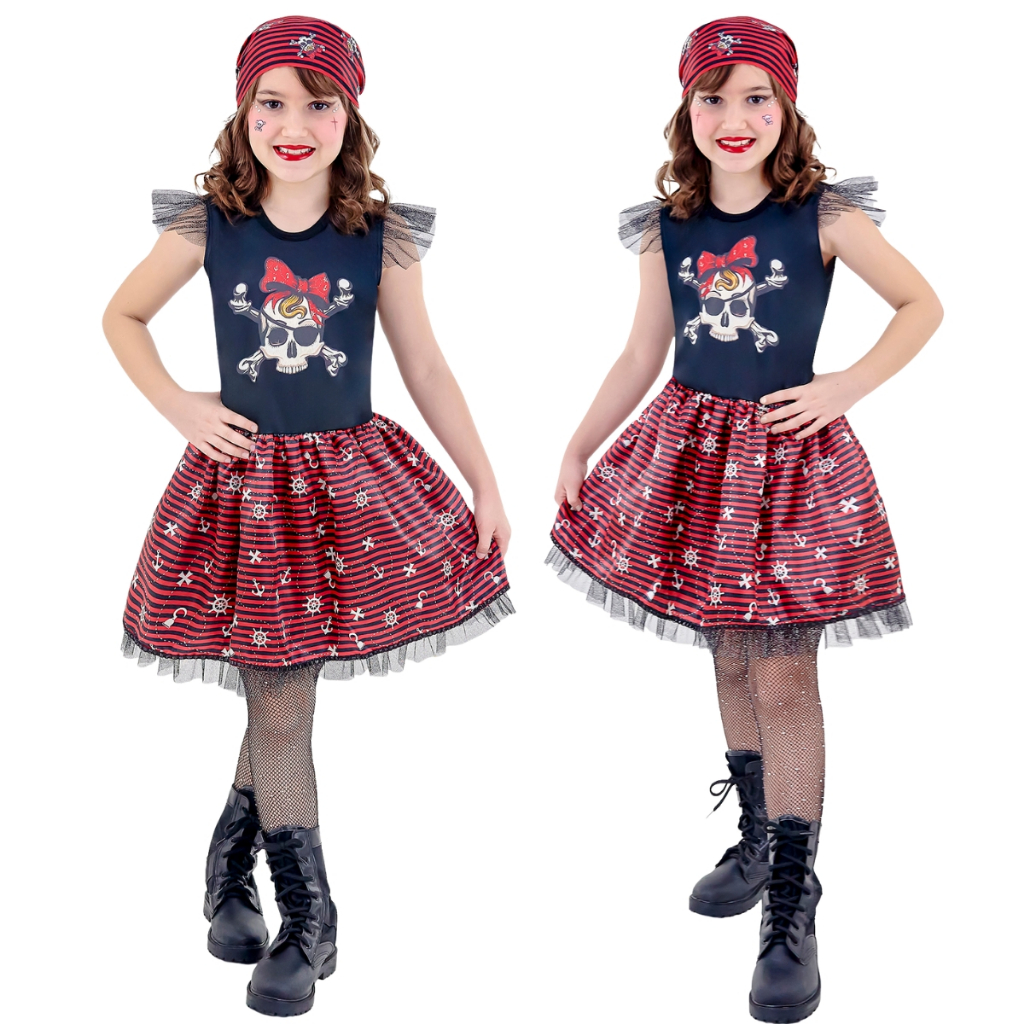 Fantasia Infantil Vestido Piratinha Caveira com Bandana Festa Carnaval Terror Festas Luxo Carnaval Halloween