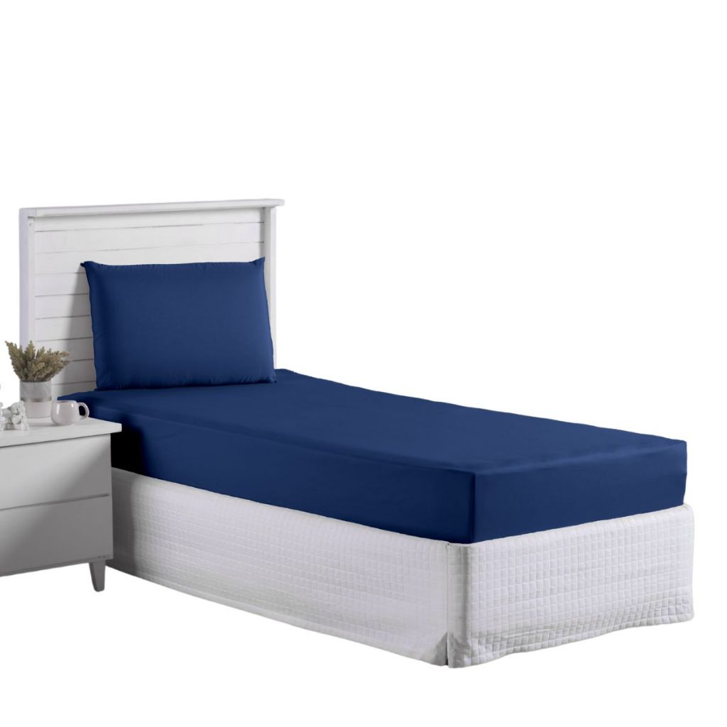 Jogo Lençol Roupa Cama Solteiro Elastico 2 Pçs Fronha Quarto Infantil Menino Simples Azul Marinho
