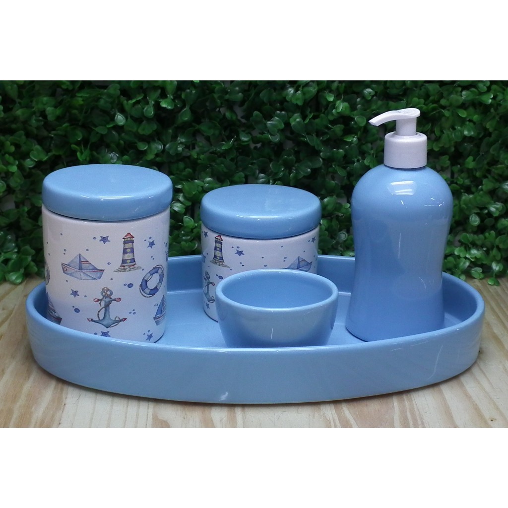 Kit Higiene Bebe de Porcelana Marinheiro Baby com Tampa Azul Bebe e Bandeja Oval Azul Bebe