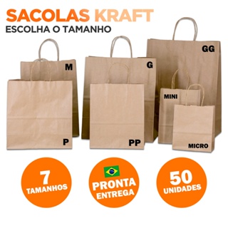 Sacolas de Papel Kraft Loja Comércio Roupas Presentes 7 Tamanhos Micro Mini PP P M G GG 50 Unidades em Oferta na Shopee