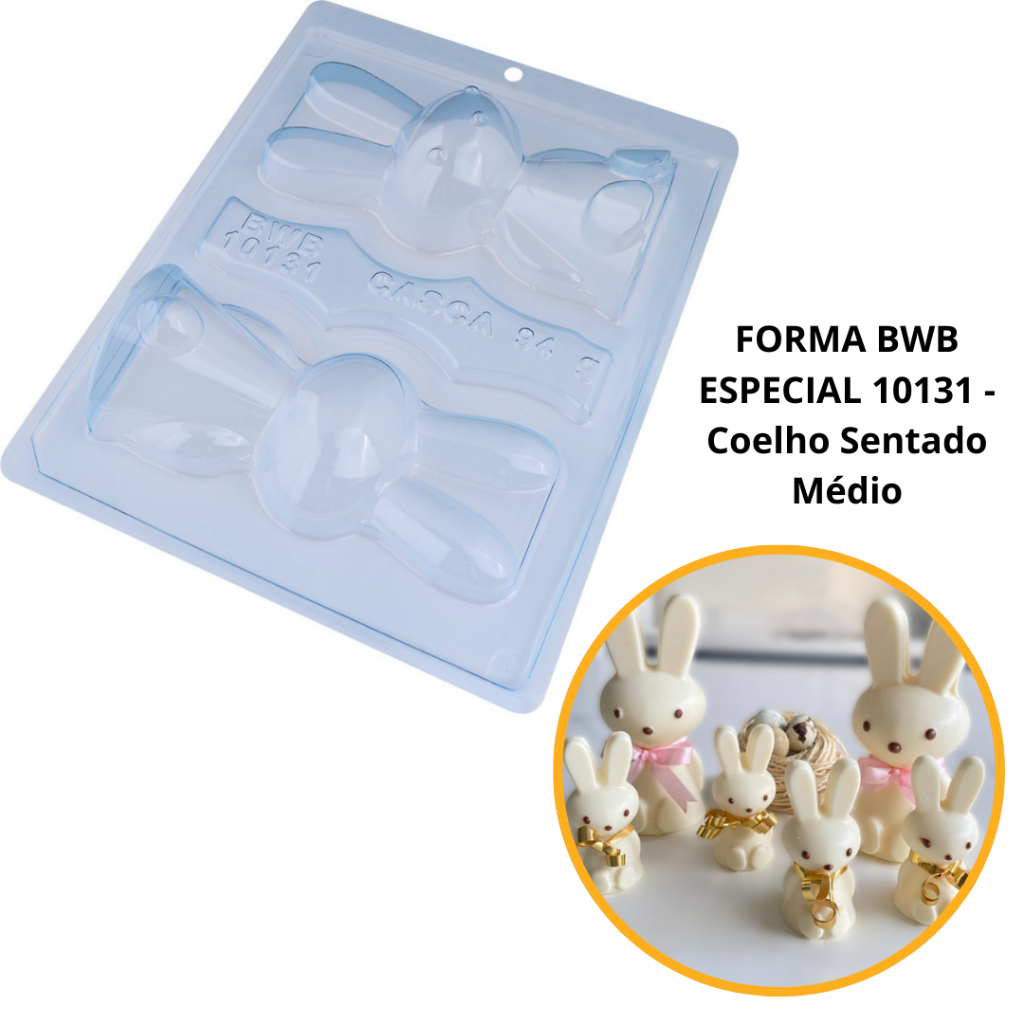 Forma BWB Com Silicone (3 partes) Para Chocolate Cód. 10131 - Coelho Sentado Médio 170g. Páscoa em Oferta na Shopee