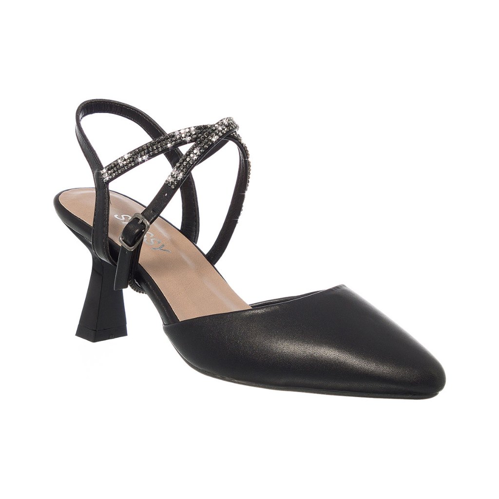 Scarpin Feminino Sapato Slingback Salto Baixo Taça Brilho Cristal Strass Bico Fino