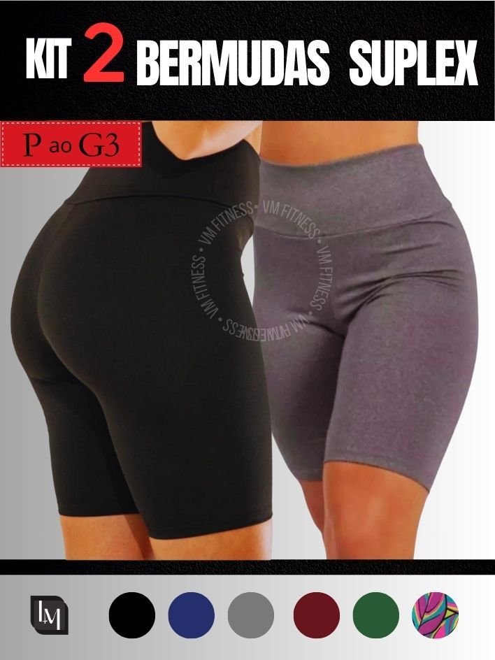 kit C/2 Bermuda Legging Feminina Suplex Cintura Alta Fitness