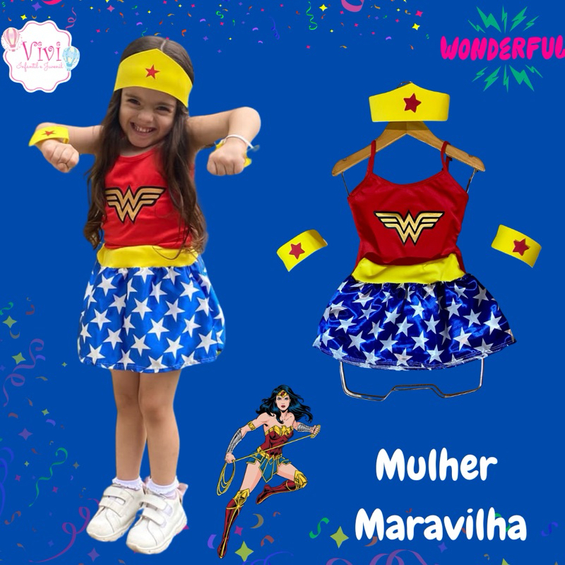 Fantasia Infantil Menina Mulher Maravilha Carnaval Conjunto Aniversario Heroina Herois