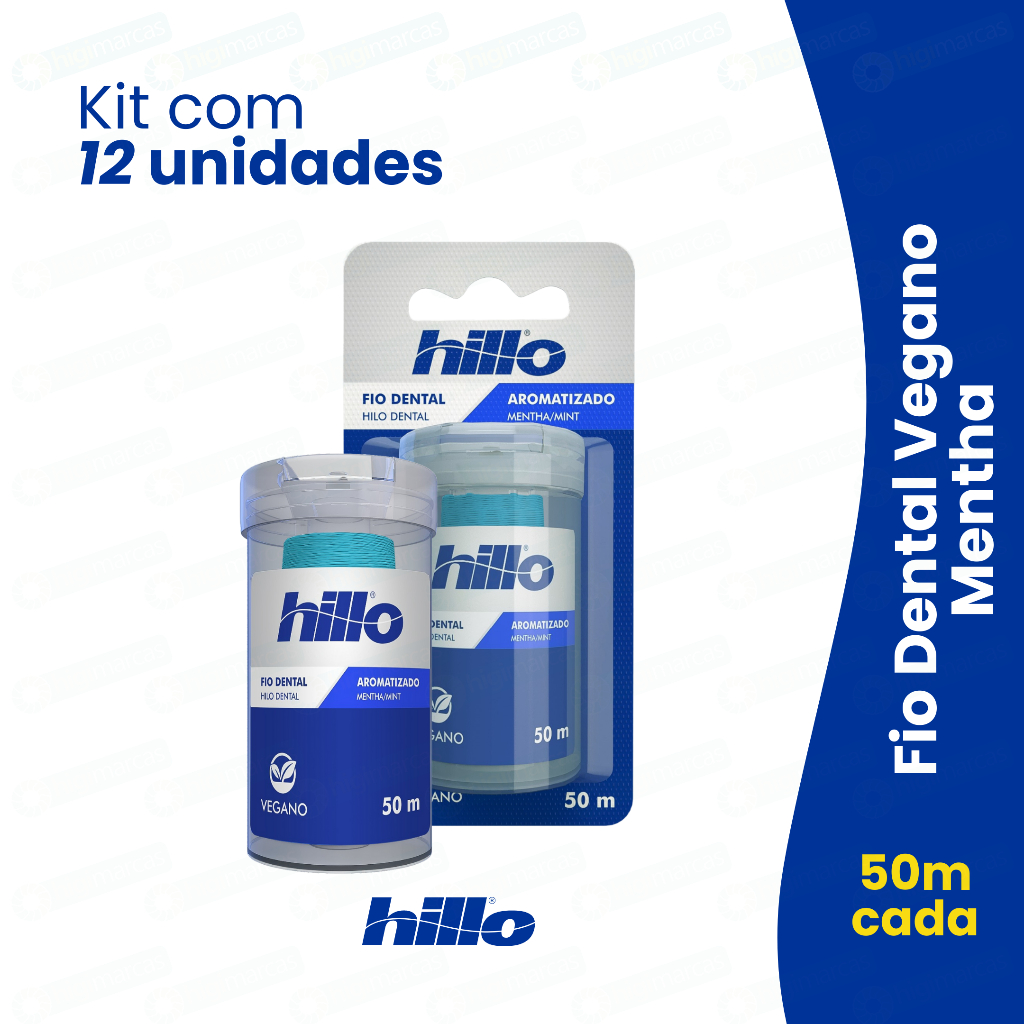 Kit 12 Fio Dental Menta Vegano 50 Metros Hillo Econômico Higiene Bucal Natural Brinde