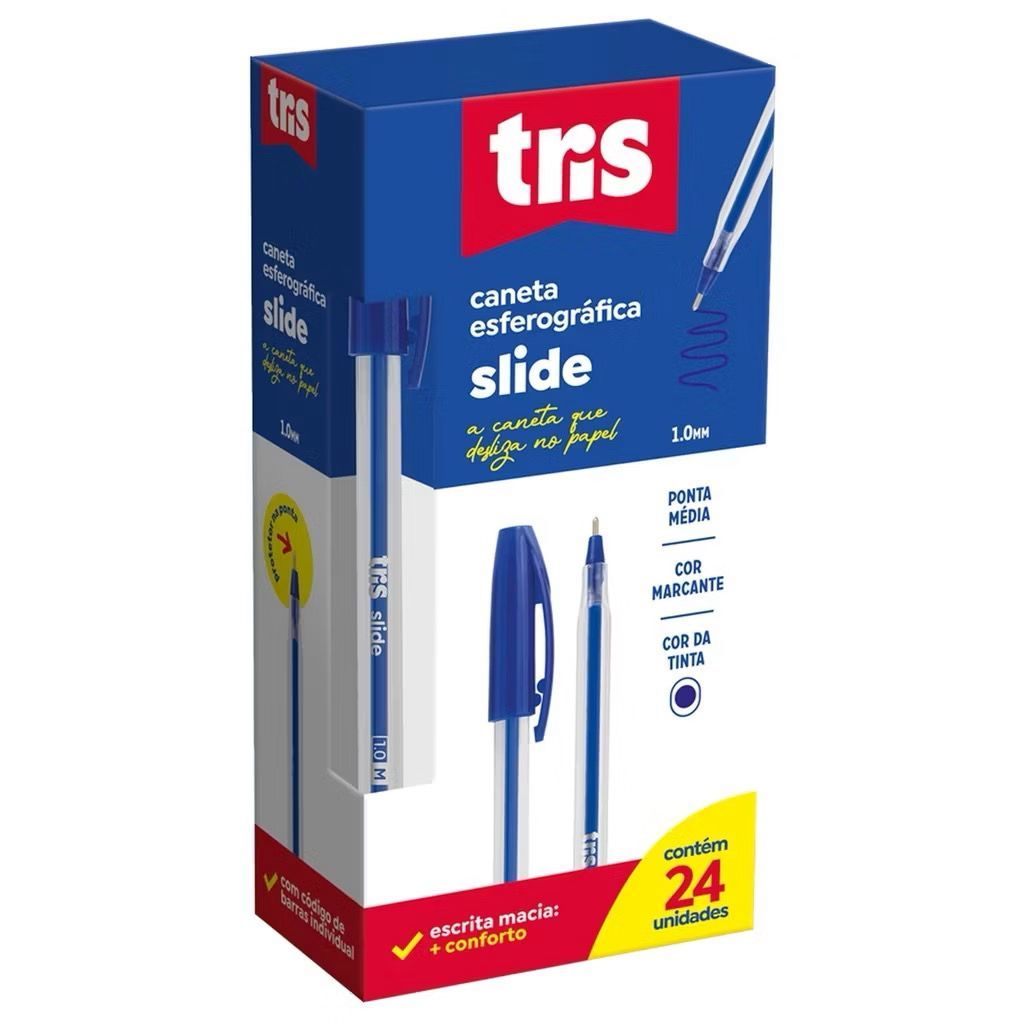 Kit C/24 Canetas Esferográfica Slide TRIS - Azul Preto e Vermelho 1.0mm Caixa C/24 Unidades. em Oferta na Shopee