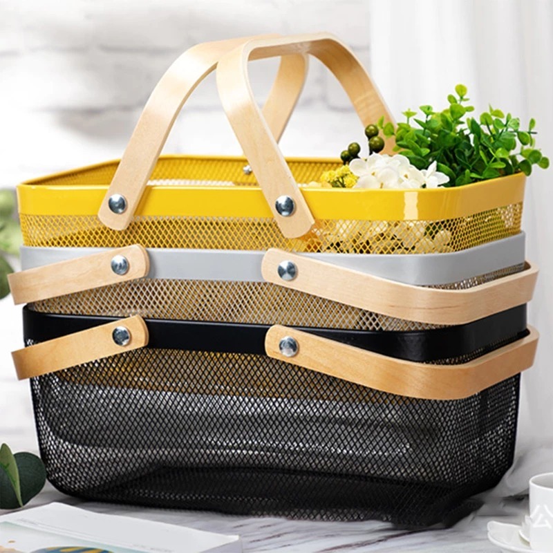 Cesto Fruteira Organizador de Utensílios Decorativo Caixa Organizadora Bambu e Inox