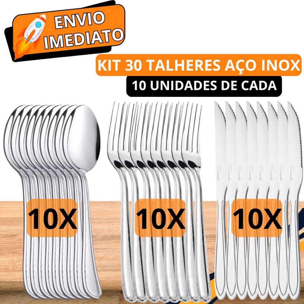 KIT 30 Peças Talher 10 Garfo 10 Colher 10 Faca 100% Aço Inox Polido Resistente para Casa Cozinha Restaurante Bar Buffet