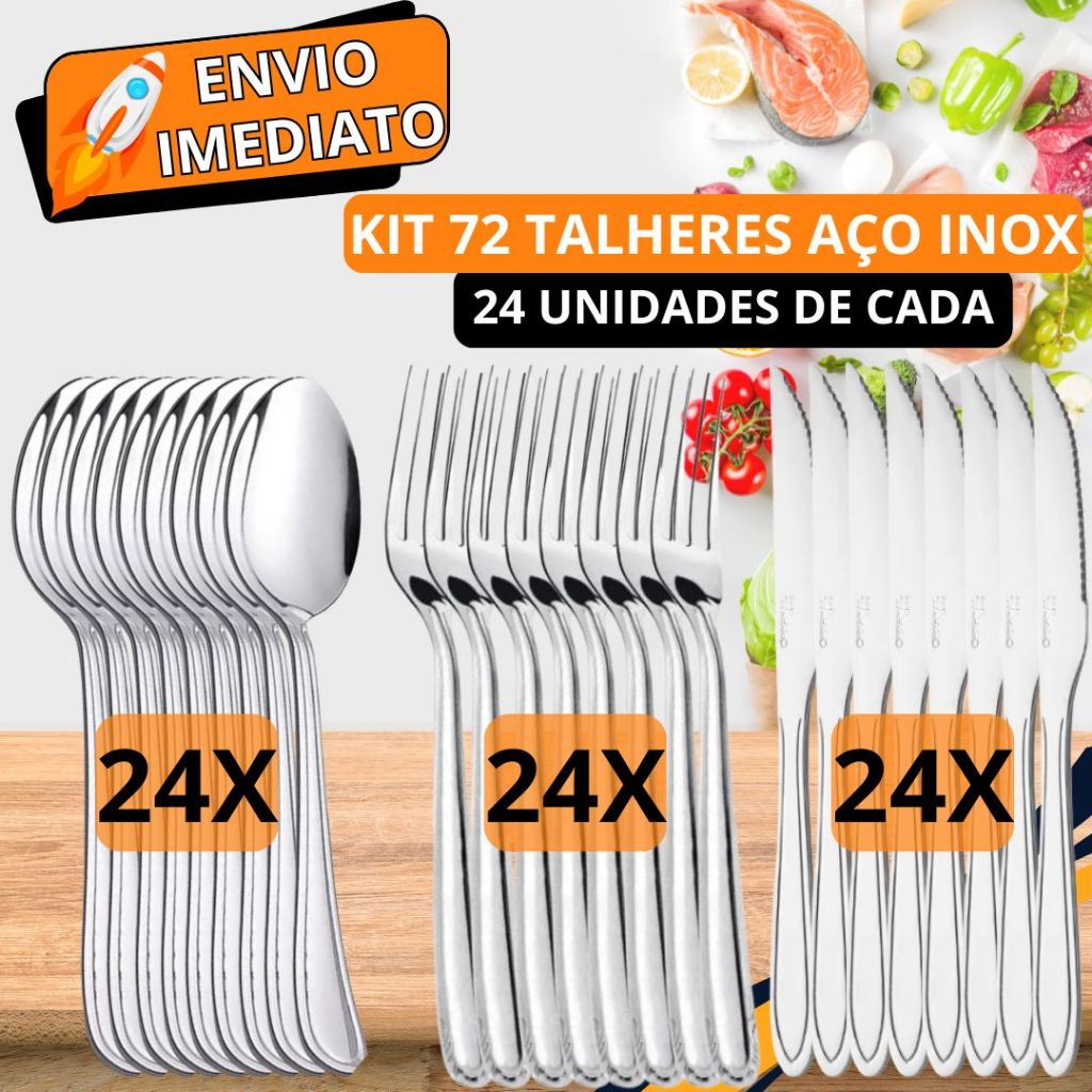 KIT 72 Peças Talher 24 Garfo 24 Colher 24 Faca 100% Aço Inox Polido Resistente para Casa Cozinha Restaurante Bar Buffet