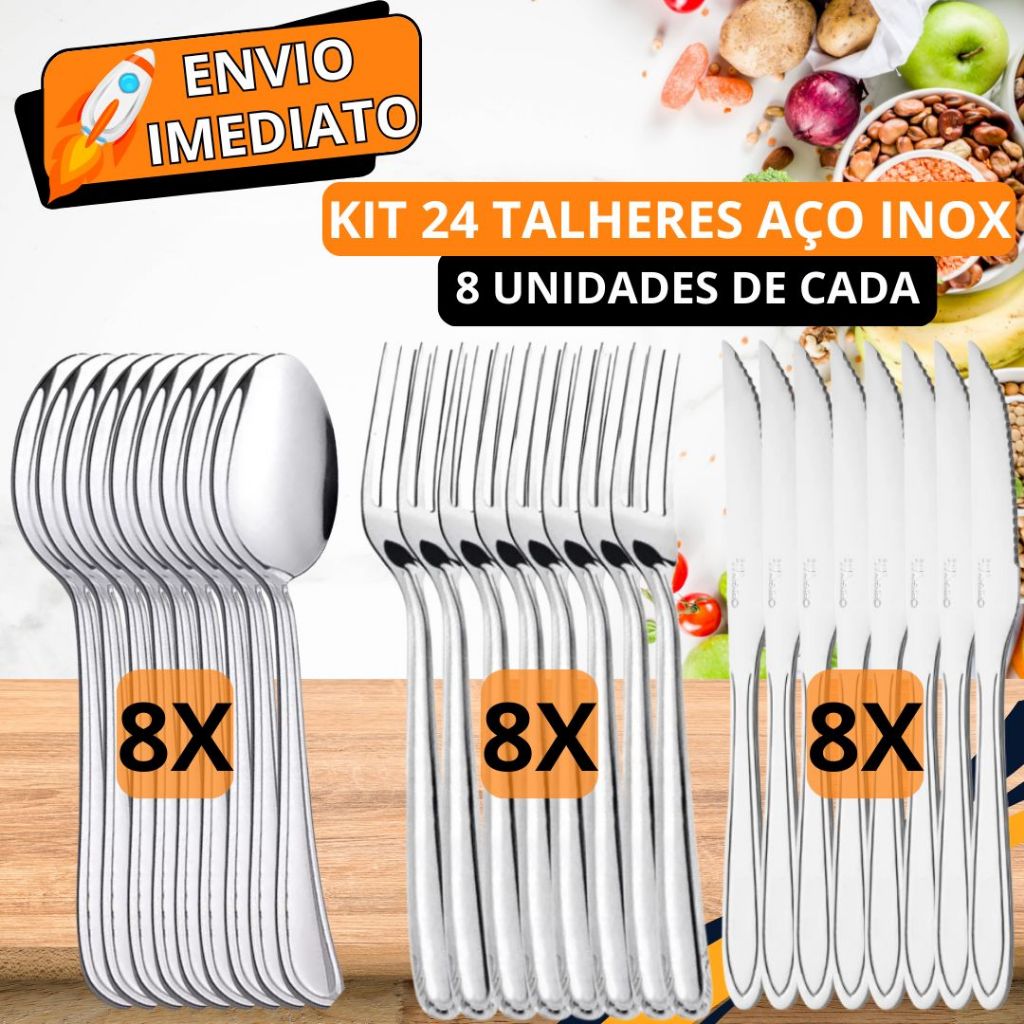 KIT 24 Peças Talher 8 Garfo 8 Colher 8 Faca 100% Aço Inox Polido Resistente para Casa Cozinha Restaurante Bar Buffet