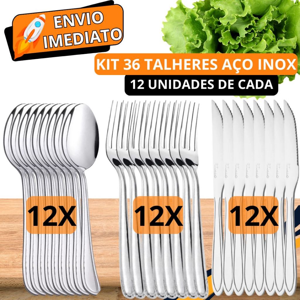 KIT 36 Peças Talher 12 Garfo 12 Colher 12 Faca 100% Aço Inox Polido Resistente para Casa Cozinha Restaurante Bar Buffet