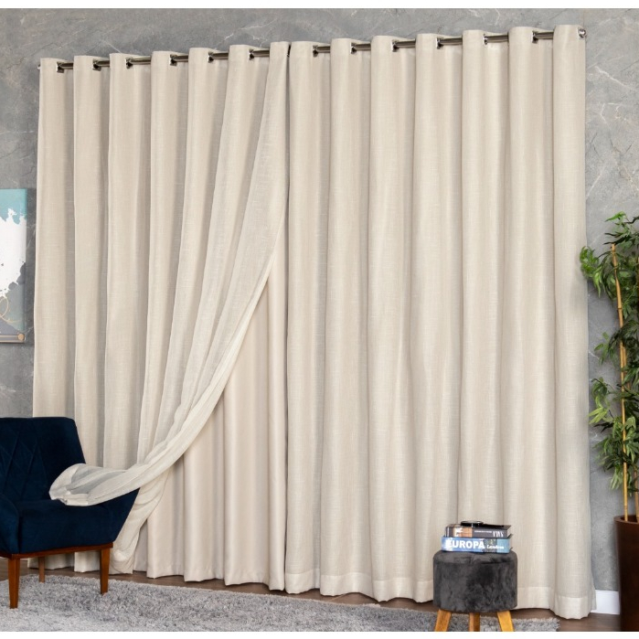 Cortina 4,00m Largura Voil Gaze de Linho C/ Forro Blackout Elegante Para Varão Simples
