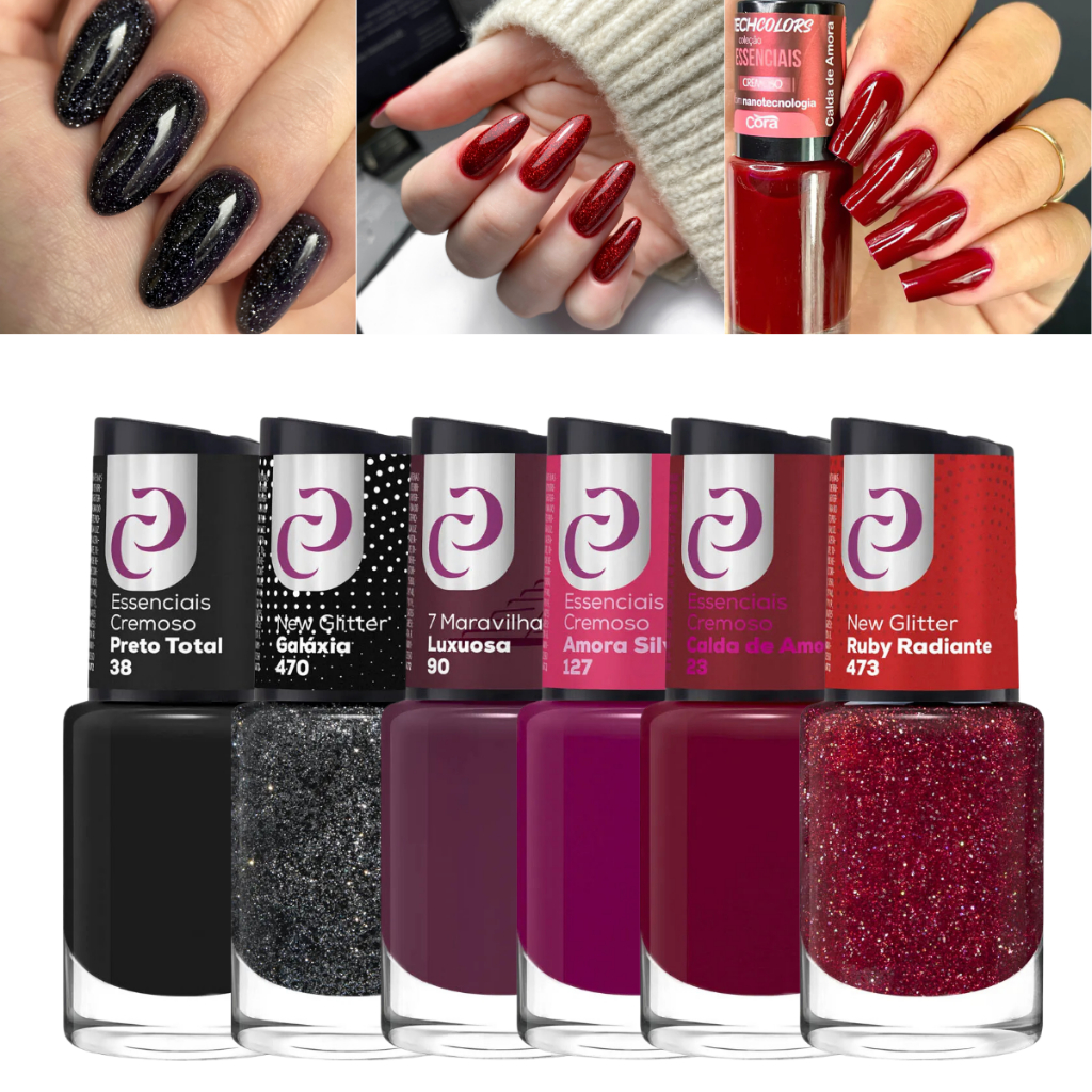 Kit 6 Esmaltes Cora Coleção Tons de Vermelhos Lançamento Escuro Preto Roxo Vinho Longa Duração 10mL