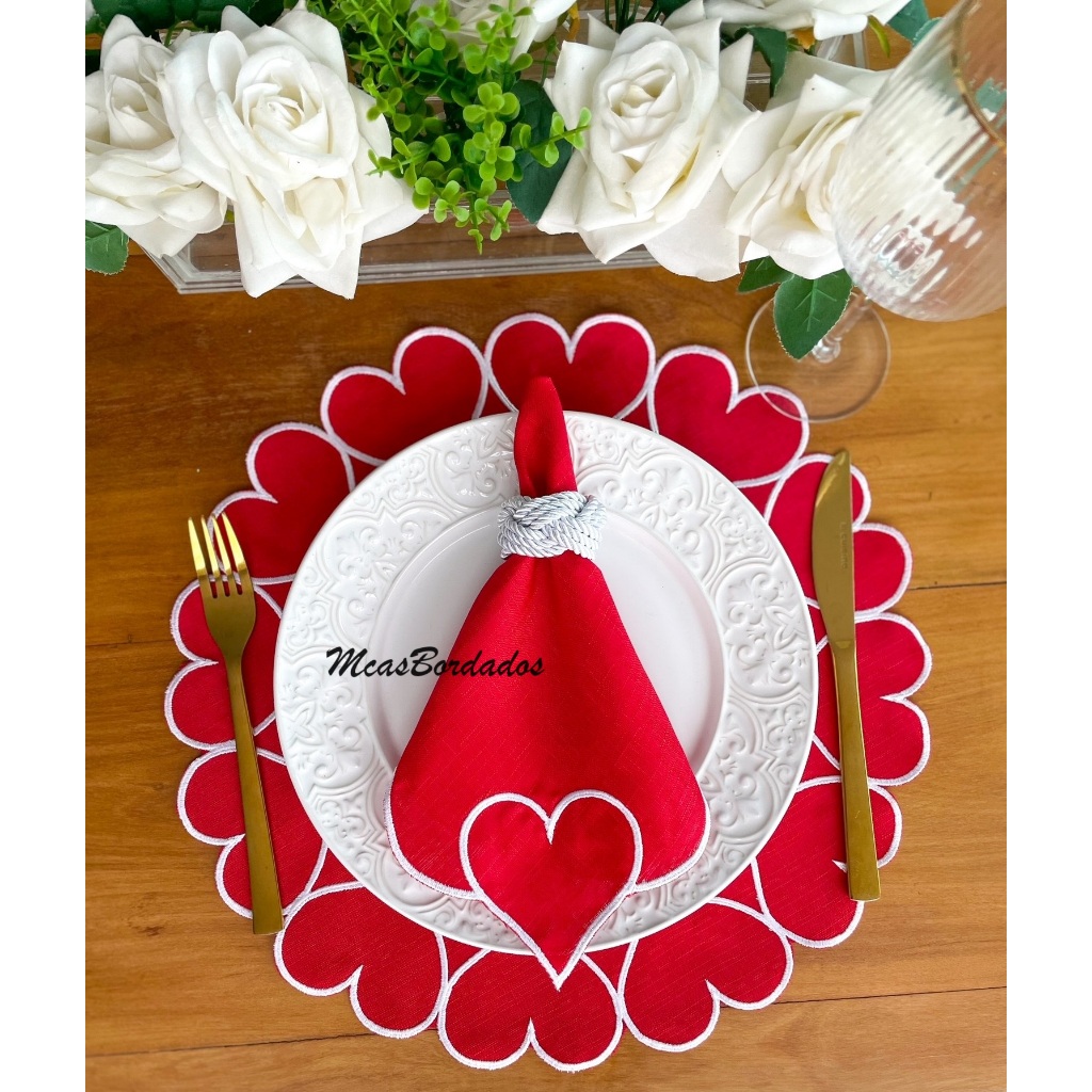 4 Pçs (2 Jgos) Jogo Americano Bordado Coração Vermelho C Guardanapo