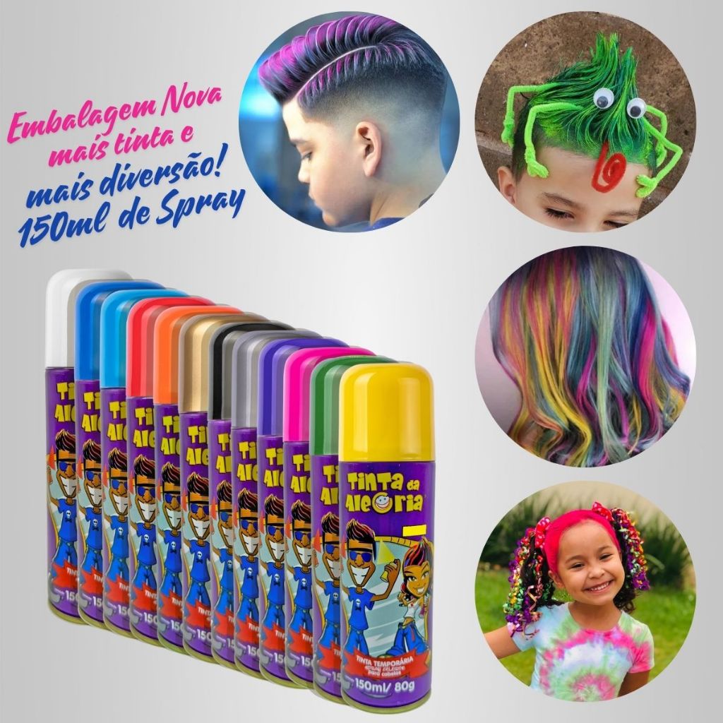 Tinta Spray Cabelo Temporaria Colorido 150ml Festa Carnaval Cabelo Maluco Infantil Carnaval