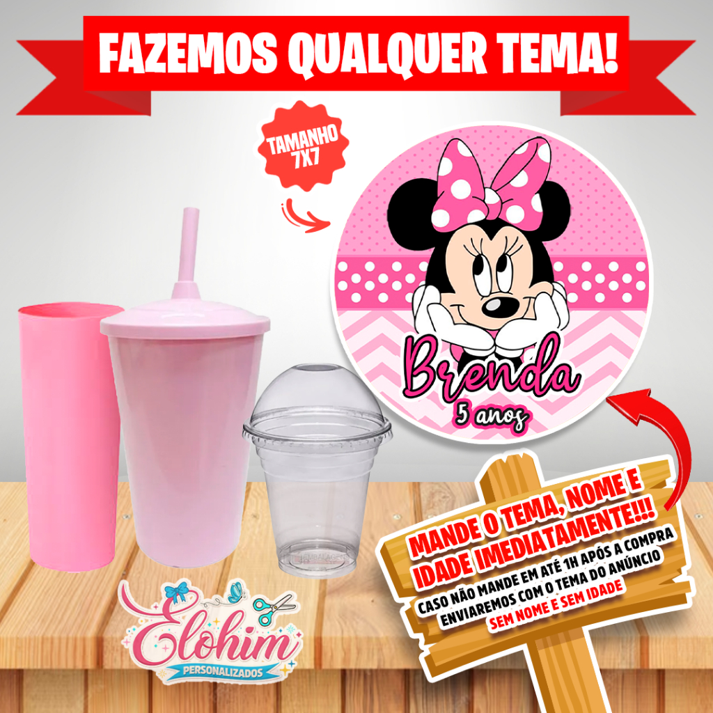 Rótulo Adesivo para personalizar Copo Long Twister  Adesivo 7x7-  Minnie Rosa