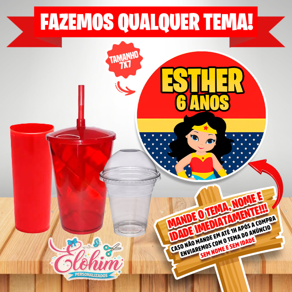 Rótulo Adesivo para personalizar Copo Long Twister  Adesivo 7x7- Mulher maravilha