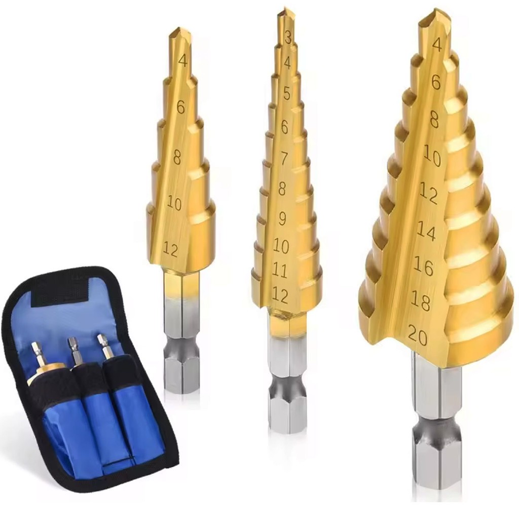 Kit 3 Brocas Escalonada Titânio 3-12 4-12 -20mm Jogo Broca Hexagonais Cônicas Bits Métricos Cônicos