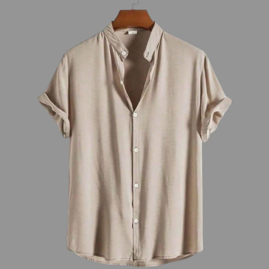 Camisa Social Masculina Gola Padre Manga Curta Aspecto Linho