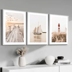 Kit Quadros Decorativos Barco Farou Moldura 40X60 cm Quarto Escritório