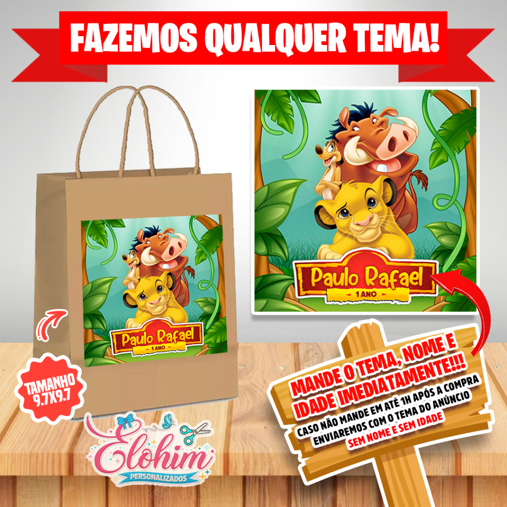 Rótulo Adesivo para personalizar sacolas Kraft / Craft - Rei Leão em Oferta na Shopee
