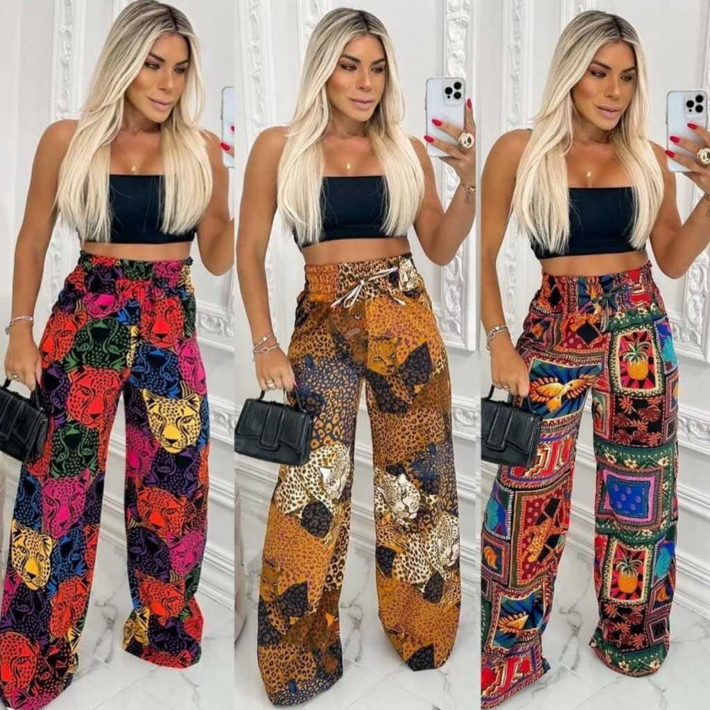 Calça Pantalona Feminina de Cintura Alta com Elástico Largo em Oferta na Shopee