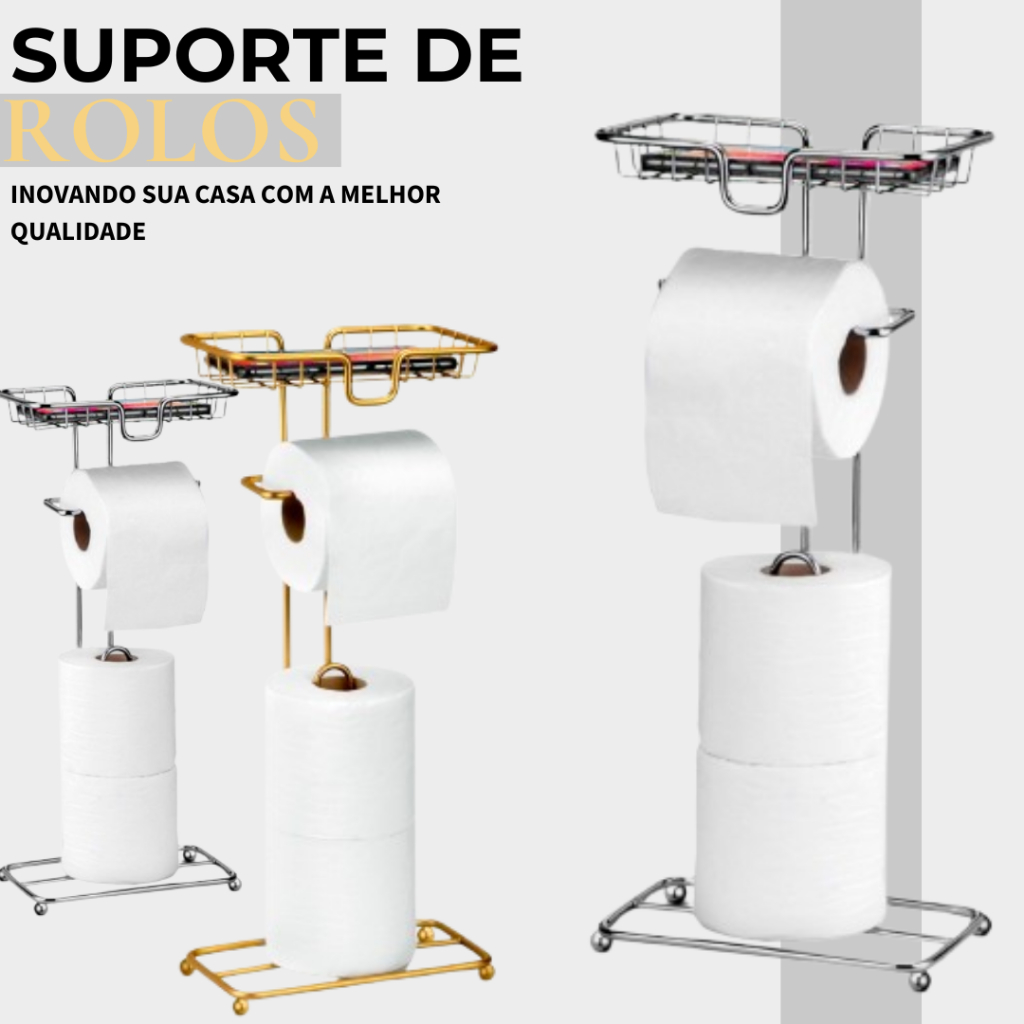 Porta Papel Higiênico Suporte de Chão com Suporte de Celular e Lençol Dourado Preto Cromado Arthi em Oferta na Shopee