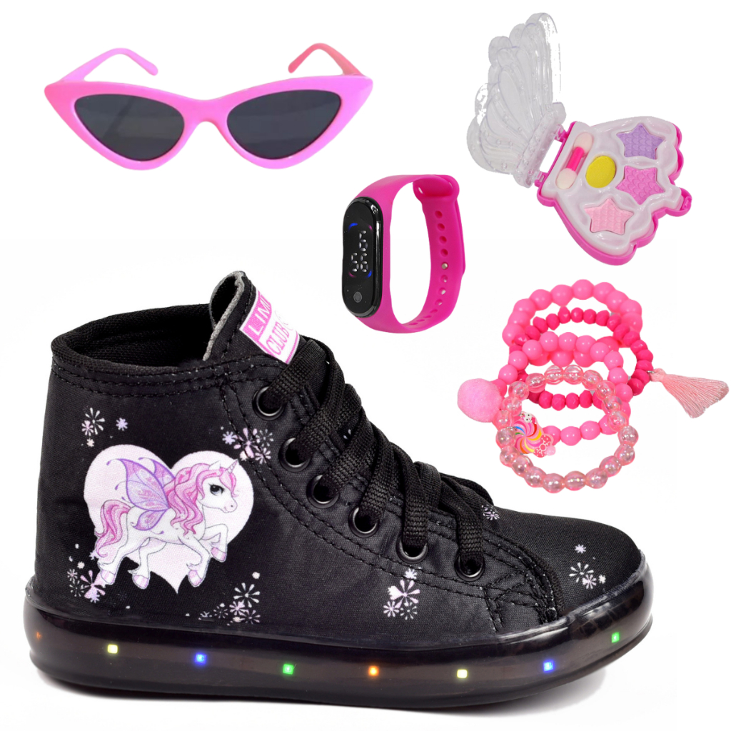 Tênis Led Infantil Feminino Unicórnio Cano Alto + Óculos Relógio Pulseiras Paleta