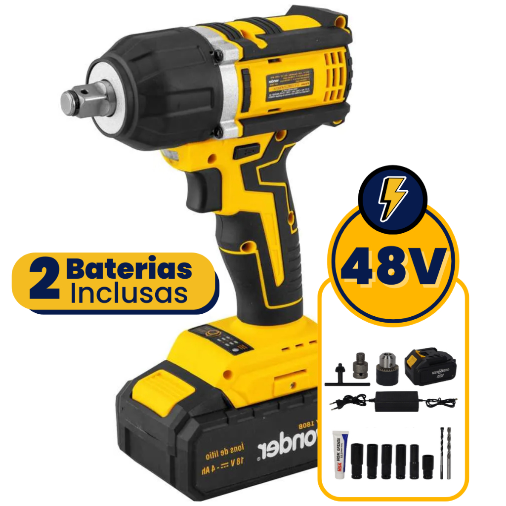 Chave De Impacto Com Mandril Parafusadeira Furadeira 48V Bateria Elétrica Profissional 2 Baterias