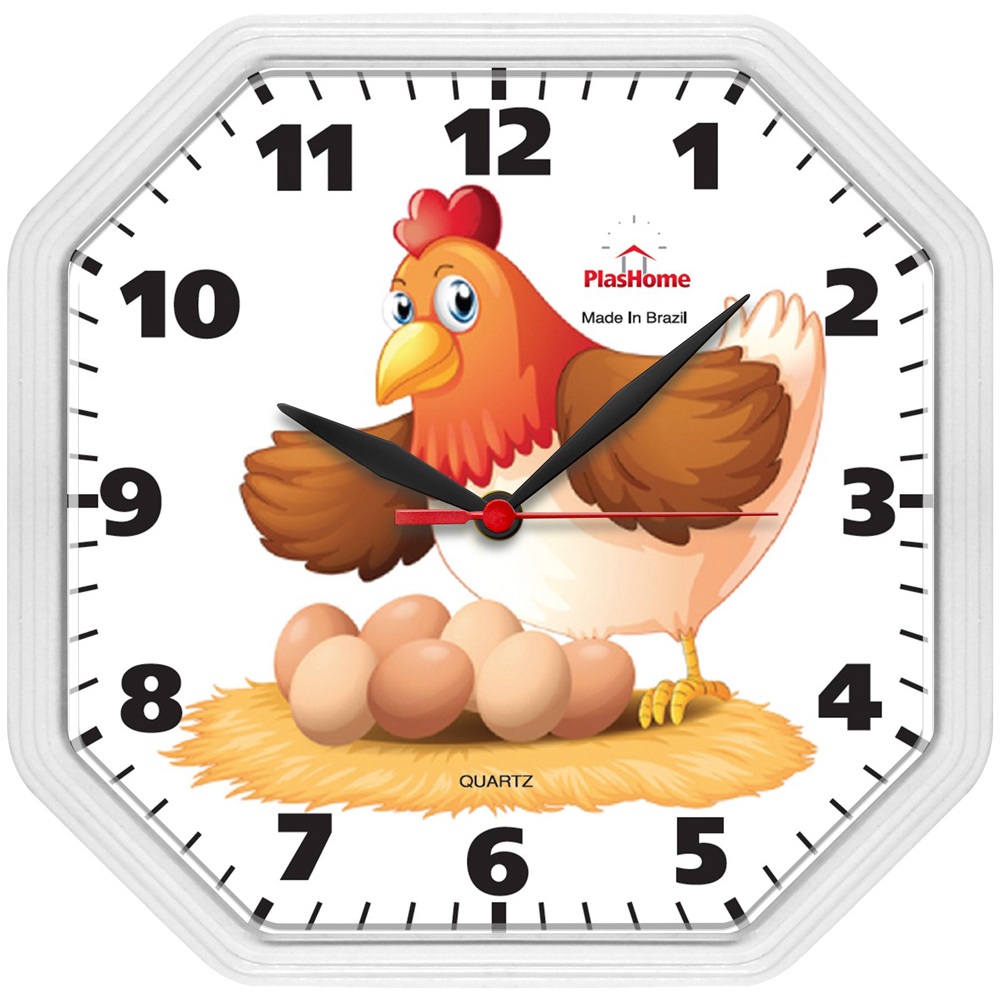 Relógio Gama Branco Galinha Oitavado Plashome Cozinha Sala Escritório
