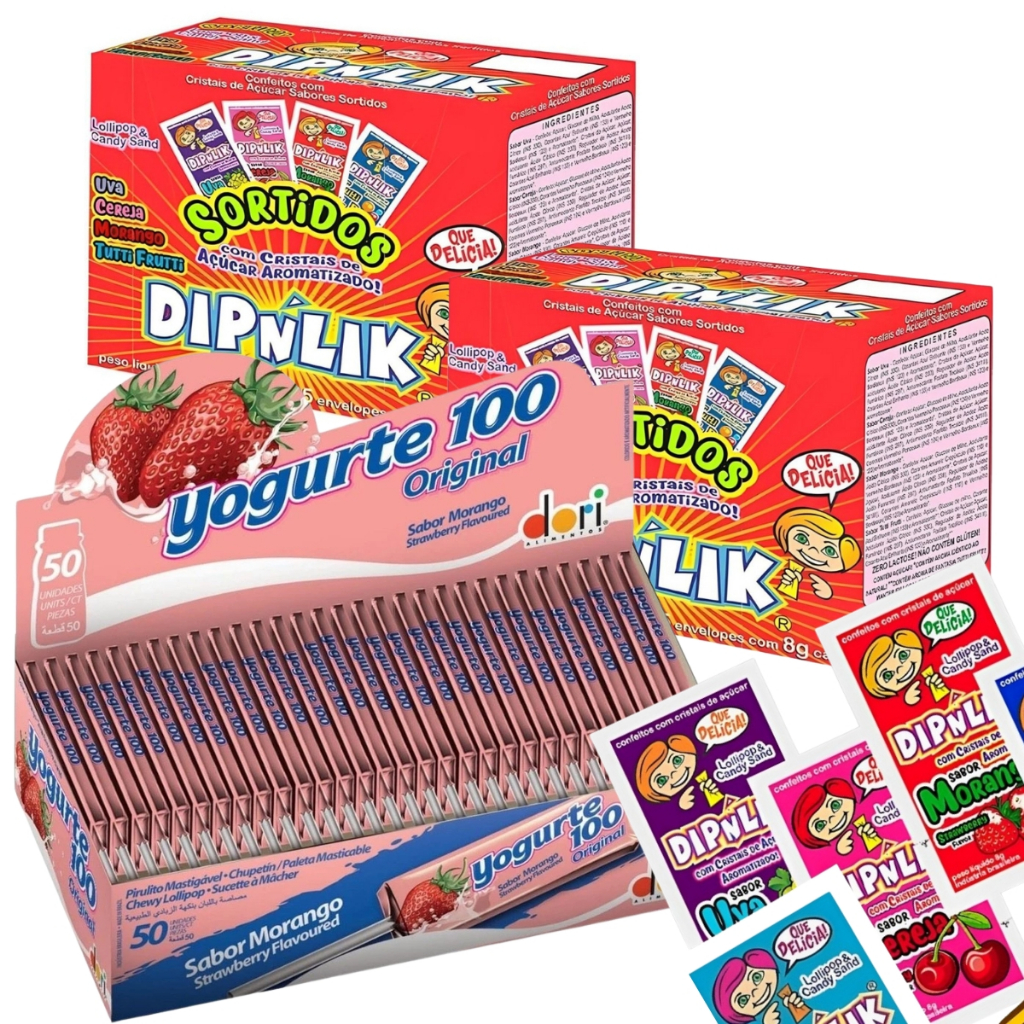 Kit Doces 2 Caixas de Pirulito Dipnlik+ Pirulitos Yogurte 100 C/50 Unidades Dori