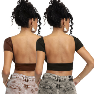 Kit 02 Mostra Costas Feminina - Blusa Slim Fit Manga Curta em Oferta na Shopee