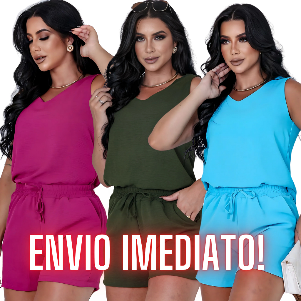 Conjunto Feminino Blusa Regata e Short Com Bolso Cintura Alta Duna Não Amassa Verão em Oferta na Shopee