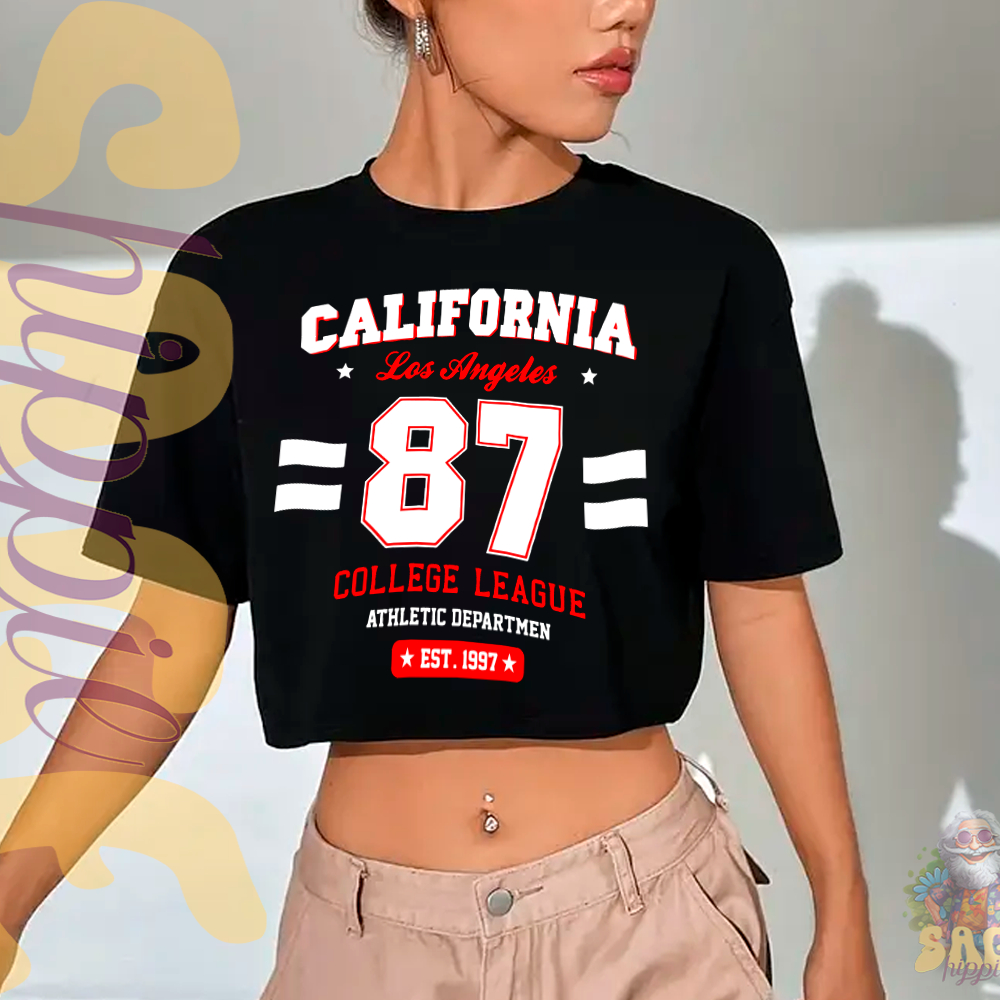 Blusa Cropped Oversized California 87 Los Angeles College Tendencia Teen Jovem Moda Gringa Fashion Streetwear