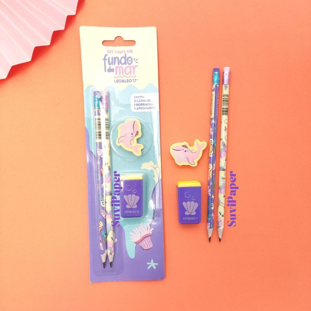 Kit Escolar Fundo do Mar com 2 Lápis HB, Apontador e Borracha Cartela Léo e Léo em Oferta na Shopee