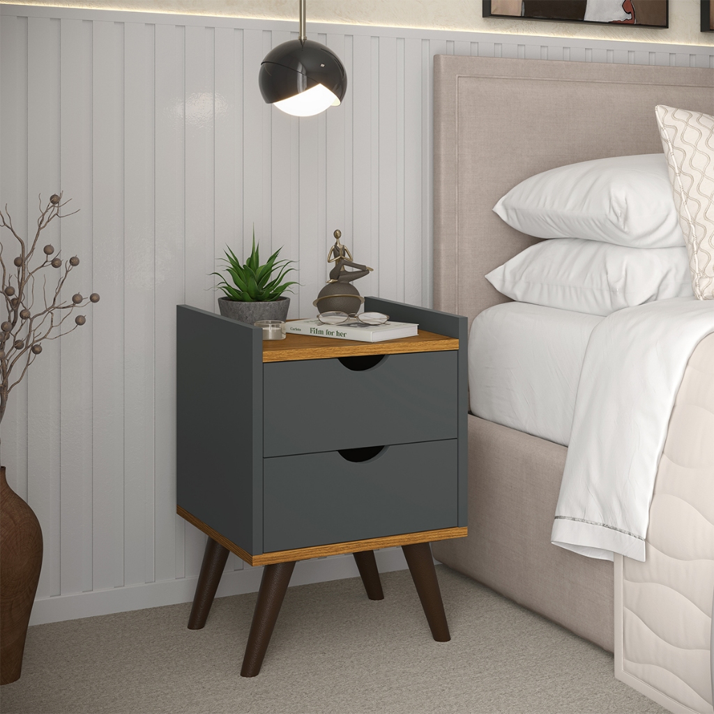 Mesa De Cabeceira Juma 2 Gavetas Pés Palito Decoração Quarto Cinza Freijó em Oferta na Shopee